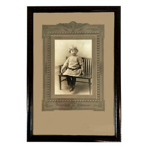 Vintage original framed Sepia Black and White photograph of small Cherub-like, Adorable Little Girl on a bench - Early 1920&#39;s