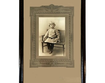 Vintage original framed Sepia Black and White photograph of small Cherub-like, Adorable Little Girl on a bench - Early 1920's