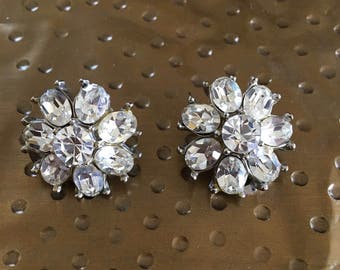 Vintage Mid-Centry Crystal Rhinestone Clip Earrings, WEDDING, Bride, Gorgeous Flower,  Rhinestone Signed CAPRI