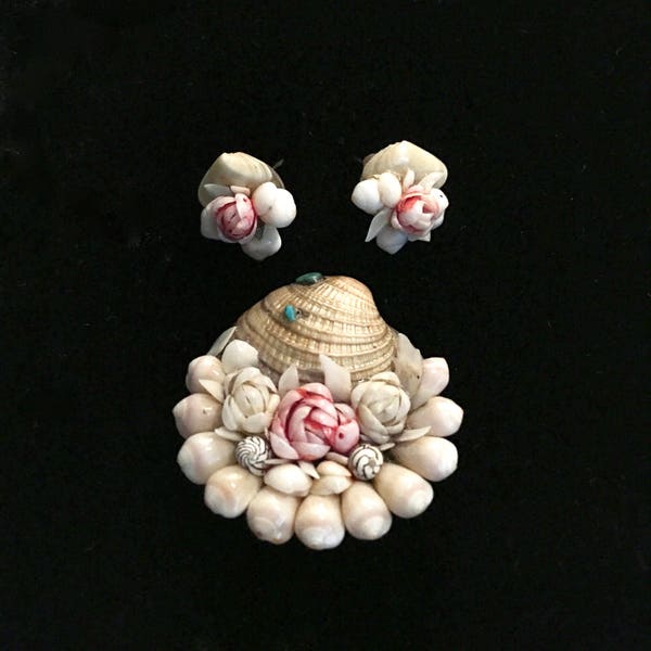 Antique Maritime Folk Art, Victorian Sailors Valentine Shell Art Jewelry, Pin, Brooch, Earrings