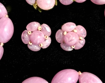 Vintage circa 1950s Pink Swirl Lucite Beaded Necklace and Matching Earrings,made in Germany