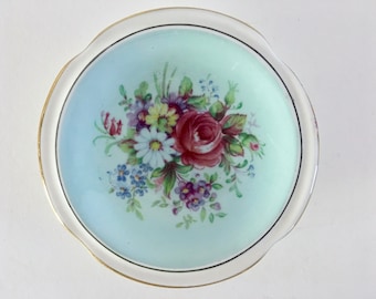 Small Paragon Pin Dish, Pale Robin Egg Blue with floral of Roses, Daises and Violets