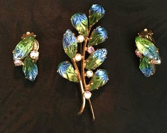 Vintage Aurora Borealis Brooch Earrings Set – 1950s Blue Green Crystal Bijou Parure