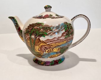 Sweet Small Collector Teapot, Transferware, Sadler Stafforshire England, Old Mill Scene