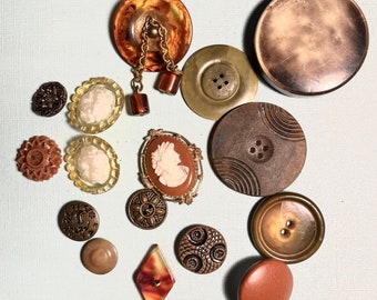 Lot of 16 Vintage Buttons, Tortoise Shell Bakelite, Cellulose, Cameo, Brown, Orange and Gold