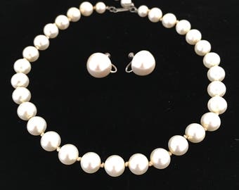 Sleek Vintage Single strand of Faux-Pearls with matching earrings signed Ampeco/Sterling Silver backs, Hand-Knotted