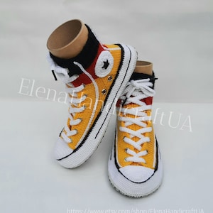 Yellow knitted unisex slippers|replica Converse|knitted sneakers|wool house shoes|Converse slippers|home slippers|knitted socks|HandicraftUA