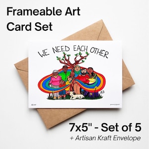 Aquarelle encadrée peinte à la main, lot de 5 cartes, oeuvre d&#39;art sur l&#39;entraide et la justice sociale, entraide et solidarité anticapitalistes
