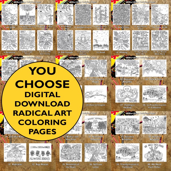 YOU CHOOSE - ONE Printable  English/Spanish Coloring Page, Digital Download, unlimited prints, social justice art, radical art, therapy art