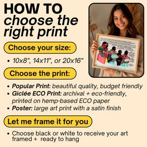 May include: Image showing options for choosing art prints. Sizes available are 10x8 inches, 14x11 inches, or 20x16 inches. Print options include popular, Gicl&eacute;e ECO, and poster prints. Framing options in black or white are also available.