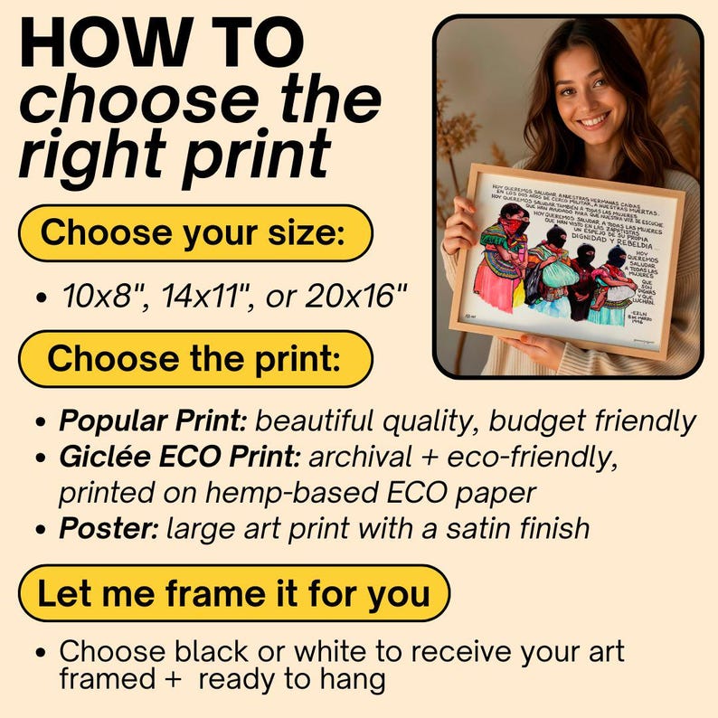 May include: Image showing options for choosing art prints. Sizes available are 10x8 inches, 14x11 inches, or 20x16 inches. Print options include popular, Gicl&eacute;e ECO, and poster prints. Framing options in black or white are also available.