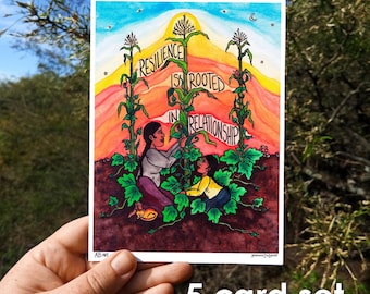 Resilience Rooted in Relationship Watercolor Art Cards, Set of 5, 5x7, Three Sisters, Social Justice
