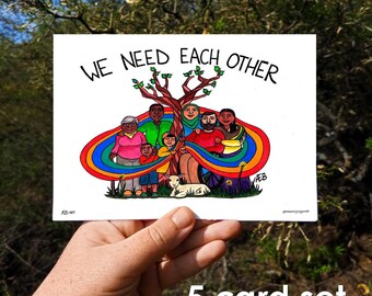 Social Justice Watercolor Art Cards, Set of 5, 7x5, Community Care, Mutual Aid