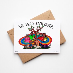 FÜNF Grußkarten Set von We Brauchen Jeder Andere/Nos Necesitamos, Gemeinschaftsfürsorge, Heilungskunst, Aquarellkunst, Kunst für soziale Gerechtigkeit
