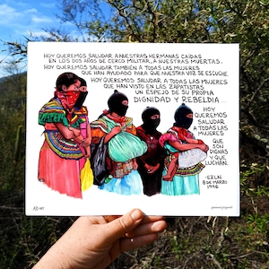 May include: A watercolor illustration depicts four figures in traditional clothing, each with a black mask covering their faces. The artwork includes text in Spanish, with the date March 8, 1996, and the initials EZLN.