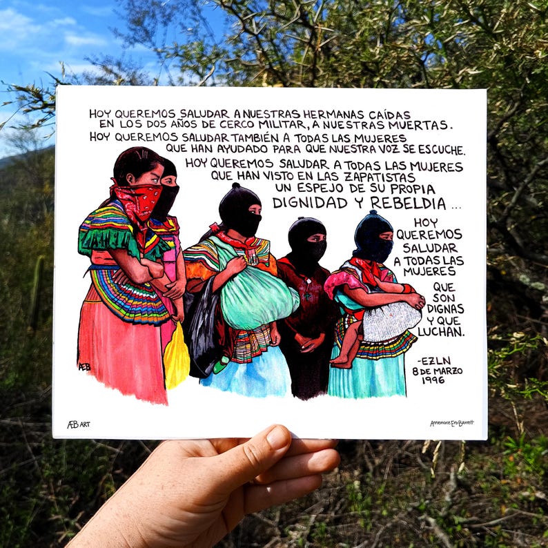 May include: A watercolor illustration depicts four figures in traditional clothing, each with a black mask covering their faces. The artwork includes text in Spanish, with the date March 8, 1996, and the initials EZLN.