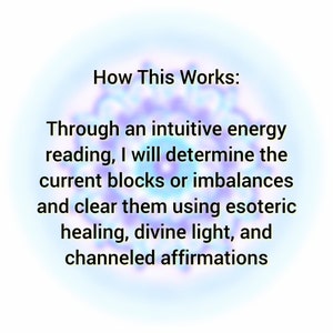 May include: A digital graphic featuring a blurred purple and blue mandala background with black text that reads: How This Works: Through an intuitive energy reading, I will determine the current blocks or imbalances and clear them using esoteric healing, divine light, and channeled affirmations.
