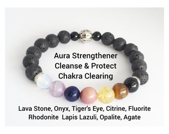 Chakra Lavastein Perlen Armband | Schutz Stärke Reinigen | Aura Armband 6mm 8mm Perlen | Natürlicher Edelstein | Elastisches Armband