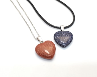 Blue Sandstone Gold Sandstone Heart Gemstone Pendants Natural Stone Necklace Individual Healing Properties, Stainless Steel or Leather Chain