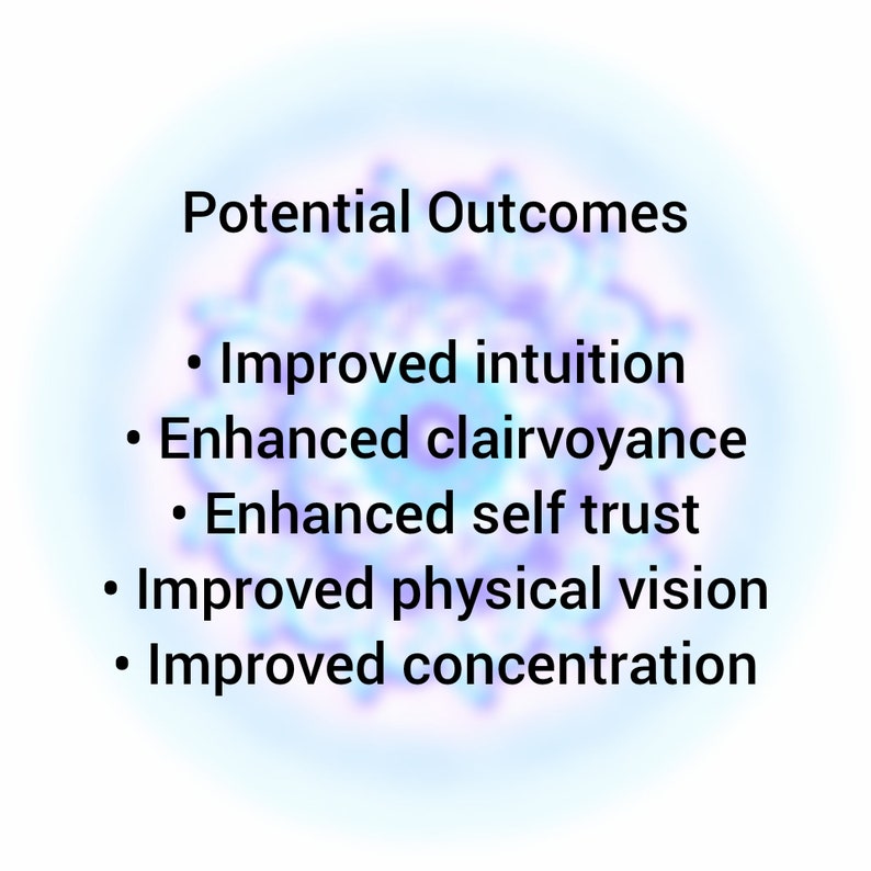 May include: A white graphic with the heading Potential Outcomes in black text, followed by a bulleted list: Improved intuition, Enhanced clairvoyance, Enhanced self trust, Improved physical vision, and Improved concentration, over a blurred blue mandala.