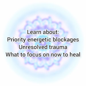 May include: A blurry image of a light blue and purple mandala with the text "Learn about: Priority energetic blockages Unresolved trauma What to focus on now to heal" superimposed on the mandala.
