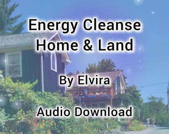 Può includere: Immagine con testo: "Energy Cleanse Home & Land By Elvira Audio Download." La scena mostra una strada con case e vegetazione contro un cielo blu. Il testo è bianco e luminoso.