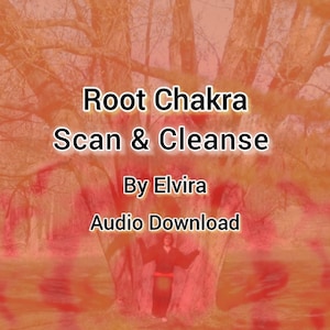 May include: A digital graphic with a red-tinted tree background featuring the text Root Chakra Scan & Cleanse By Elvira Audio Download in black letters with a white outline, centered over the image of a person standing by a tree.