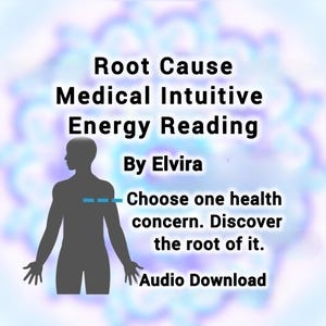May include: A digital graphic featuring a dark gray silhouette of a human torso against a light blue abstract background. Text reads: Root Cause Medical Intuitive Energy Reading By Elvira. Choose one health concern. Discover the root of it. Audio Download.