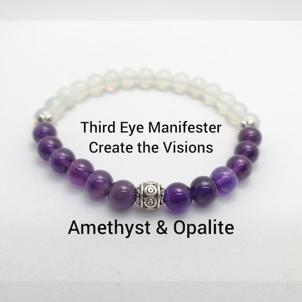 Enhanced Third Eye | Manifesting | Creativity | Amethyst and  Opalite Beaded Bracelet | 6 mm beads | Natural Gemstone AAAA Quality Amethyst