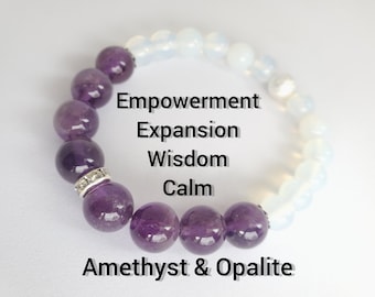 Empowerment | Wisdom | Calming | Amethyst Opalite Beaded Bracelet | 8 mm 10 mm Beaded Gemstone Bracelet | Women's Gemstone Bracelet