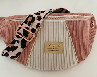 Women&#39;s two-tone pink and ecru corduroy bum bag, customizable - adjustable shoulder strap, embroidery possible. Size S/M/L