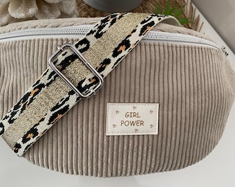 Customizable women&#39;s fanny pack in cement beige corduroy, adjustable shoulder strap, embroidery possible. Size S/M/L