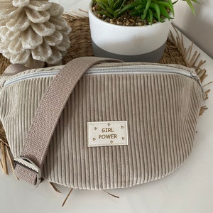 CEMENT BEIGE velvet fanny pack - CUSTOMIZABLE - removable patterned strap of your choice - Fancy label Two sizes