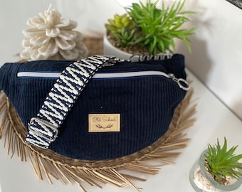 NAVY BLUE velvet fanny pack - CUSTOMIZABLE - removable patterned strap of your choice - Fancy label two sizes