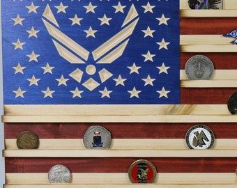 Military Challenge Coin Display Rack US Wood Flag for Air Force