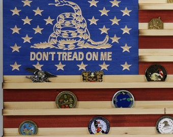 Military Challenge Coin Display Rack US Wood Flag with Don't Tread on Me Logo
