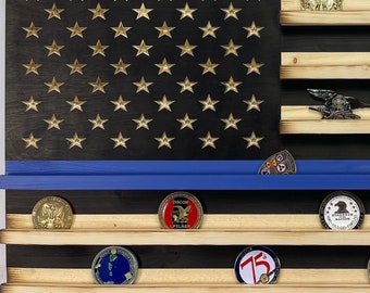 Black and white  ( thin blue line ) Military Challenge Coin Display Rack US Wood Flag for Veterans Army Navy Air Force Marines Coast Guard