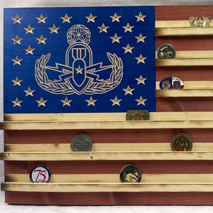 Military Challenge Coin Display US Wood Flag with Explosive Ordnance Badge