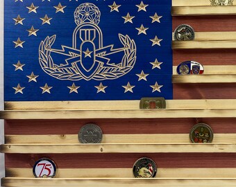 Military Challenge Coin Display US Wood Flag with Explosive Ordnance Badge