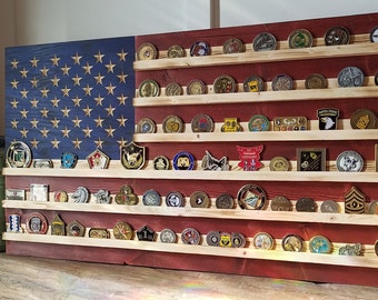 18" x 34" Military Challenge Coin Display Rack US Wood Flag for Veterans Army Navy Air Force Marines Coast Guard