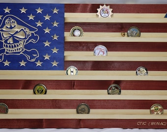 Military Challenge Coin Display Rack US Wood Flag for Navy ( Skull and Crossbones )