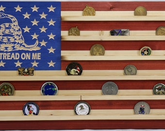 Military Challenge Coin Display Rack US Wood Flag with Don't Tread on Me Logo