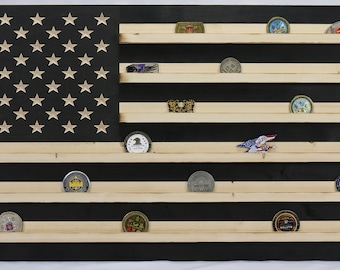 Black and white Military Challenge Coin Display Rack US Wood Flag for Veterans Army Navy Air Force Marines Coast Guard