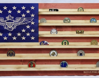 Military Challenge Coin Display Rack US Wood Flag with Naval Aviator Wings