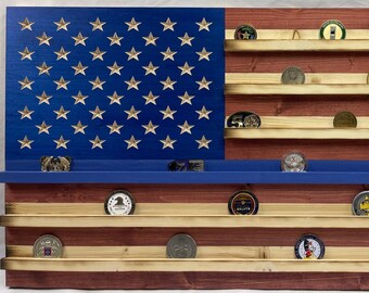 Traditional American Wood Flag (Thin Blue Line) Challenge Coin Display Rack