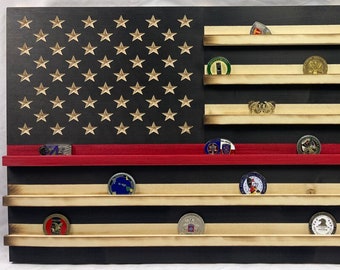 Black and white  ( thin red line ) Military Challenge Coin Display Rack US Wood Flag for Veterans Army Navy Air Force Marines Coast Guard