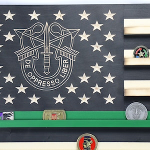 Black and white  Special Forces (Green Line) Military Challenge Coin Display Rack US Wood Flag