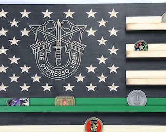 Black and white  Special Forces (Green Line) Military Challenge Coin Display Rack US Wood Flag