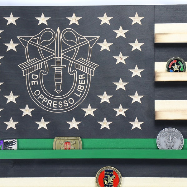 Black and white  Special Forces (Green Line) Military Challenge Coin Display Rack US Wood Flag