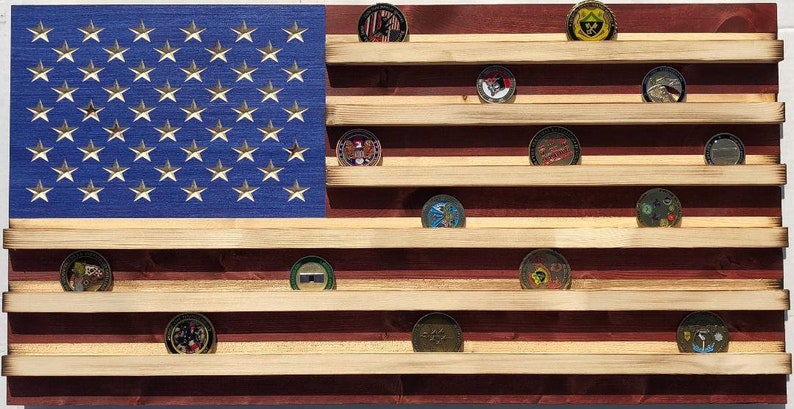 Military Challenge Coin Display Rack US Wood Flag for Veterans Army Navy Air Force Marines Coast Guard image 1